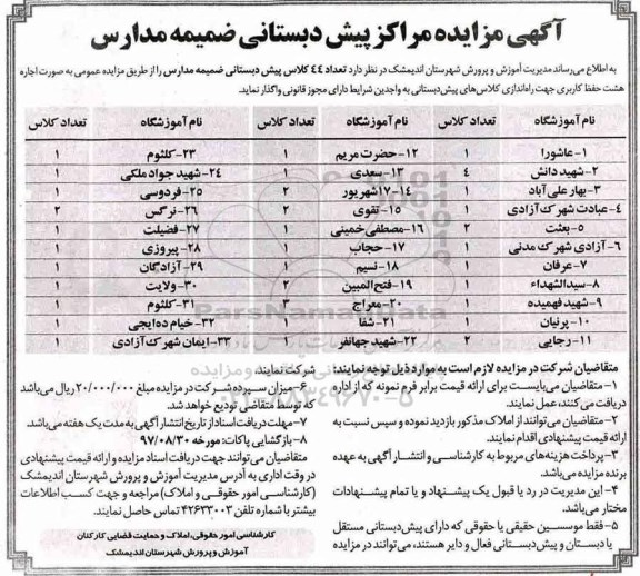 مزایده, مزایده تعداد 44 کلاسه پیش دبستانی ضمیمه مدارس