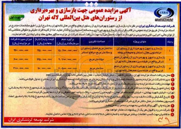 مزایده عمومی ، مزایده بازسازی و تجهیز و بهره برداری و...