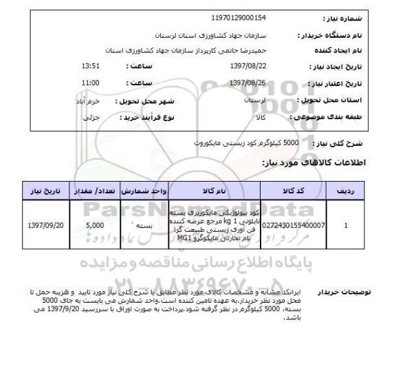 استعلام,استعلام 5000 کیلو گرم کود زیستی مایکوروت 