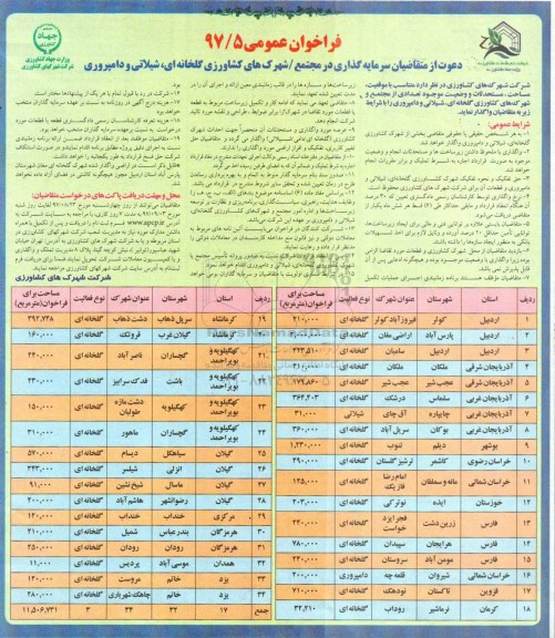 فراخوان عمومی , فراخوان تعدادی از مجتمع و شهرکهای کشاورزی گلخانه ای ، شیلاتی و دامپروری