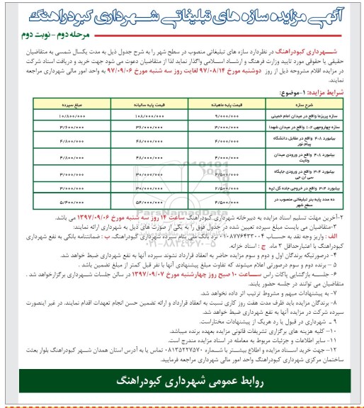 مزایده, مزایده سازه های تبلیغاتی- مرحله دوم نوبت دوم 