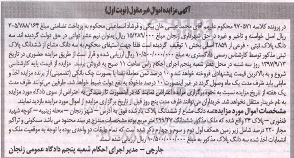 مزایده ، مزایده ششدانگ پلاک ثبتی 0 فرعی 2859 اصلی
