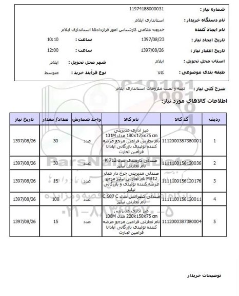 استعلام , استعلام تهیه و نصب ملزومات استانداری