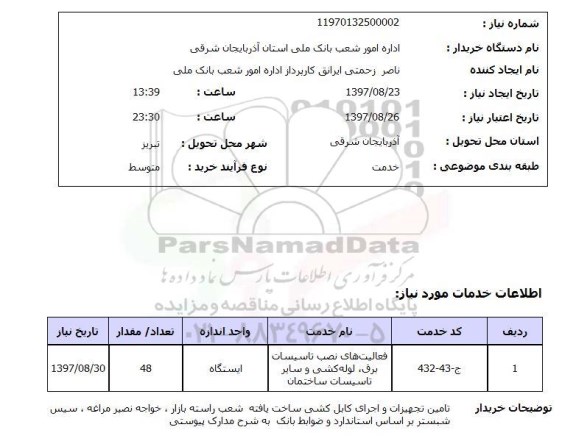 استعلام,  تامین تجهیزات و اجرای کابل کشی ساخت یافته شعب