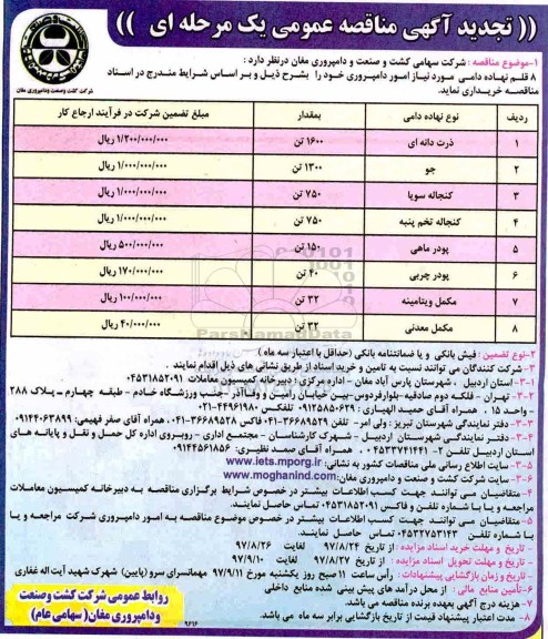 تجدید مناقصه ,مناقصه خرید 8 قلم نهاده دامی