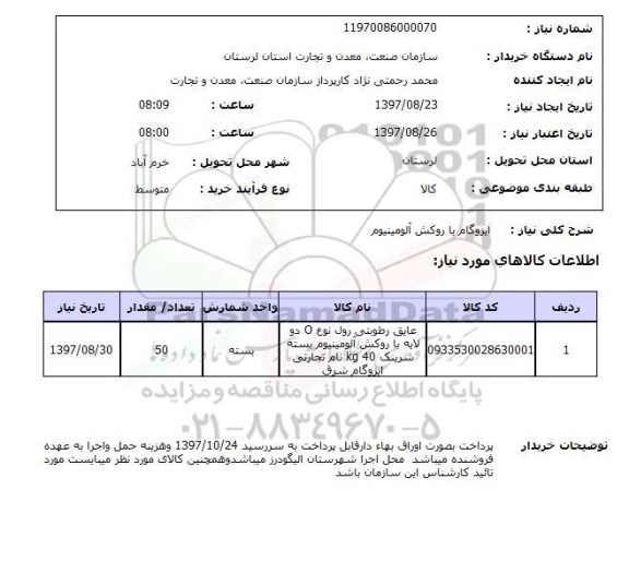 استعلام, استعلام ایزوگام با روکش آلومینیوم...