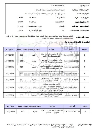استعلام, استعلام اقلام مورد نیاز مواد بهداشتی...
