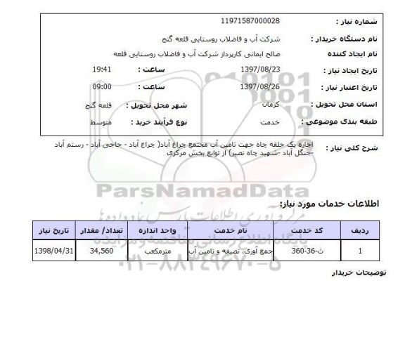 استعلام, استعلام اجاره یک حلقه چاه جهت تامین آب مجتمع