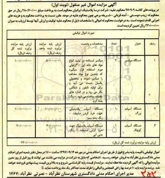 آگهی مزایده اموال غیر منقول ، مزایده فروش دستگاه میکسر ، دستگاه آسیاب بزرگ و کوچک