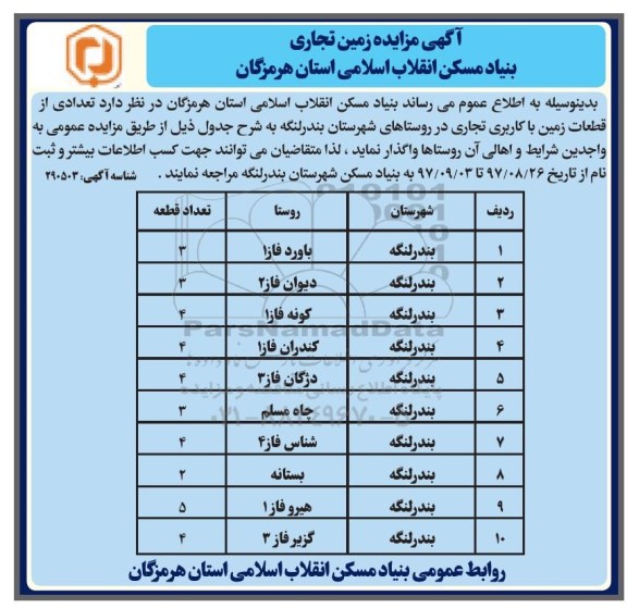 آگهی مزایده, مزایده زمین تجاری