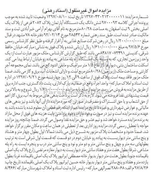 مزایده ،مزایده ششدانگ یک دستگاه آپارتمان مساحت 80.28 مترمربع