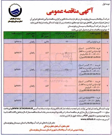 آگهی مناقصه عمومی , مناقصه خرید انواع شیرآلات...