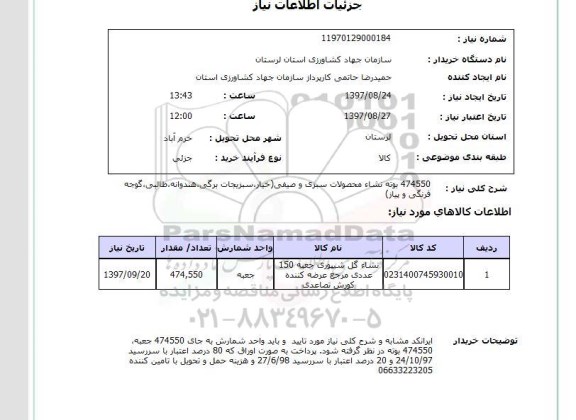 استعلام, بوته نشا محصولات سبزی و صیفی