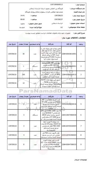 استعلام, استعلام تجهیزات جهت واحد فناوری اطلاعات حراست