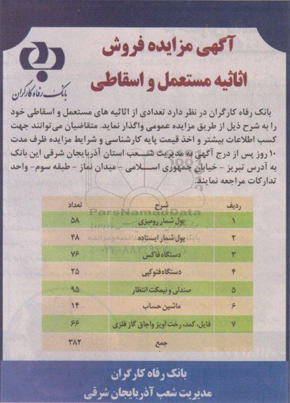 مزایده, مزایده فروش اثاثیه مستعمل و اسقاطی