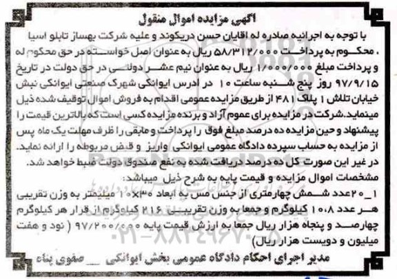 مزایده, مزایده 20 عدد شمش چهار متری از جنس مس