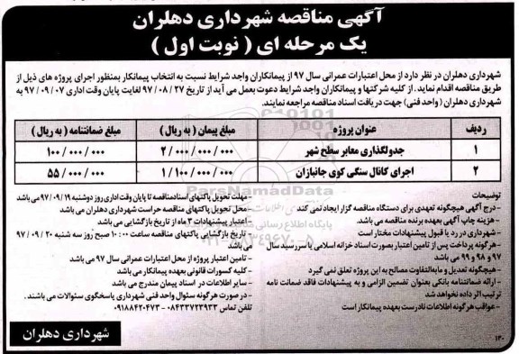 آگهی مناقصه یک مرحله ای , مناقصه جدولگذاری معابر سطح شهر ...