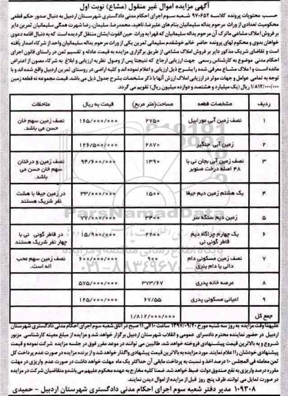 مزایده مزایده املاک مشاع  کلاسه 970652 نوبت اول 