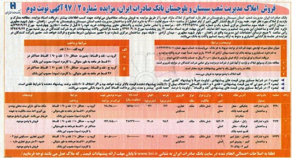مزایده,مزایده فروش املاک مازاد شماره 97/2 نوبت دوم 