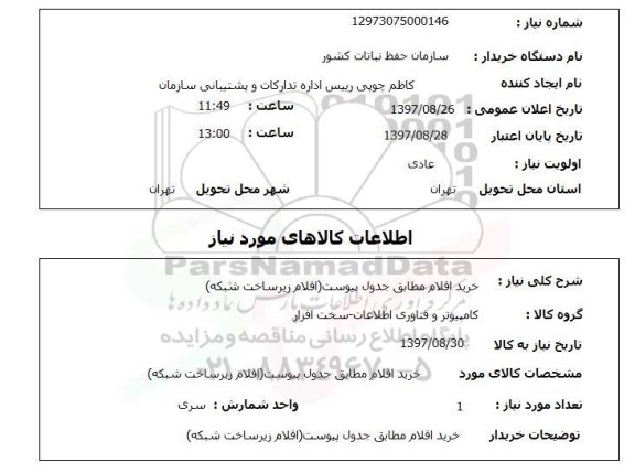 استعلام, خرید اقلام مطابق جدول پیوست (اقلام زیرساخت شبکه) 