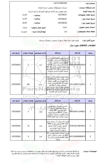 استعلام,لوازم جهت خط انتقال شهرک صنعتی