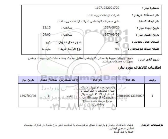 استعلام, استعلام خرید تجهیزات مربوطه به سالن کالوکیشن