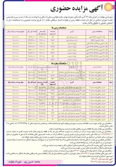 آگهی مزایده حضوری , مزایده هشت قطعه زمین و چهارده امتیاز سرقفلی مغازه نوبت دوم 