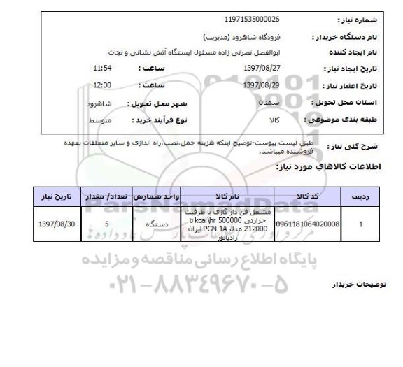 استعلام , استعلام مشعل فن دار گازی