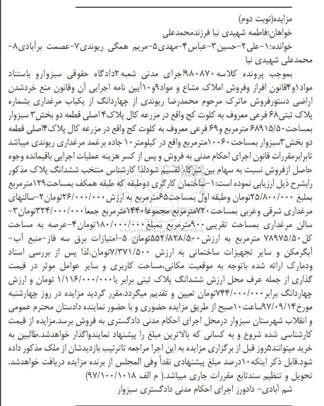 مزایده, مزایده املاک پلاک ثبتی 68 فرعی