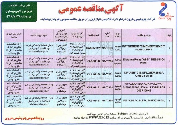 مناقصه ,مناقصه P/F SIEMENS SIMOVERT-SEXCIT PANEL DRIVE و...