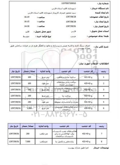 استعلام, استعلام اجرای سنگ کاری و لاشه چینی و زیر سازی و ...