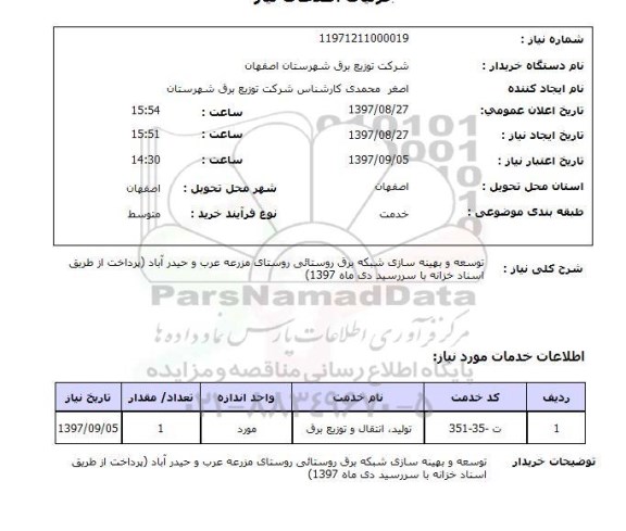 استعلام, استعلام توسعه و بهینه سازی شبکه برق روستائی