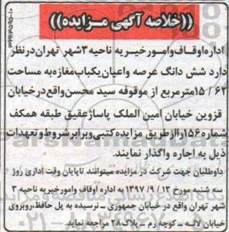 مزایده, مزایده شش دانگ عرصه و اعیان یکباب مغازه 