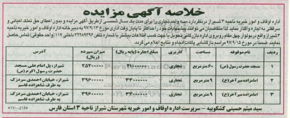 خلاصه آگهی مزایده ، مزایده سه واحد تجاری
