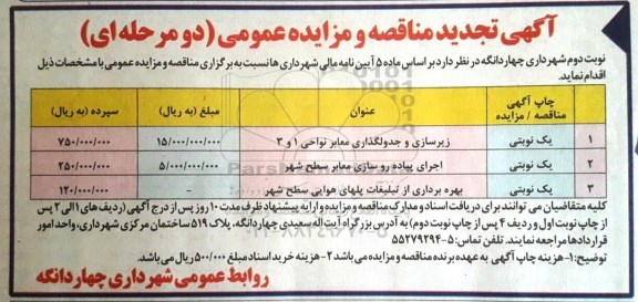 تجدید مزایده , مزایده بهره برداری از تبلیغات پل های هوایی سطح شهر
