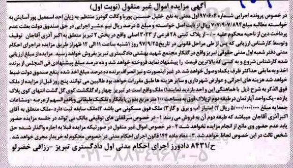 مزایده، مزایده ملک آپارتمان مساحت 100 مترمربع