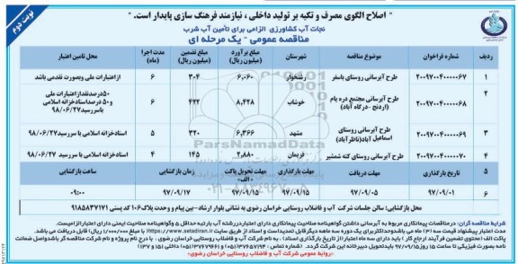 مناقصه عمومی یک مرحله ای , مناقصه طرح آبرسانی- نوبت دوم