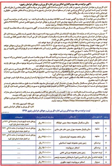 آگهی مزایده,مزایده واگذاری اماکن ورزشی مرحله سوم