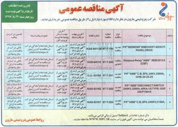 مناقصه مناقصه P/F SIEMENS SIMOVERT-SEXCIT PANEL DRIVE و...نوبت دوم