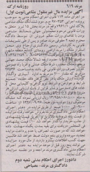 مزایده، مزایده ششدانگ ملک مشاعی پلاک ثبتی 796.1 