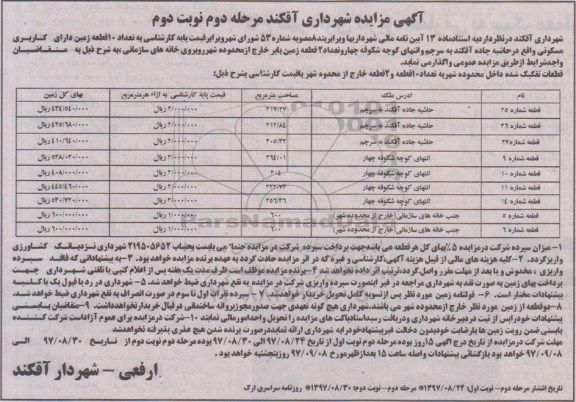 مزایده ،مزایده فروش ده قطعه زمین دارای کاربری مسکونی مرحله دوم نوبت دوم 