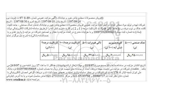 مزایده, مزایده فروش محصولات مجتمع پتاس خور و بیابانک