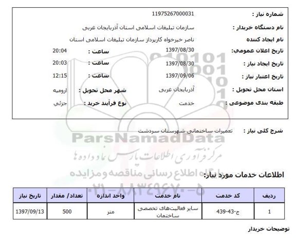 استعلام, استعلام تعمیرات ساختمانی شهرستان سردشت