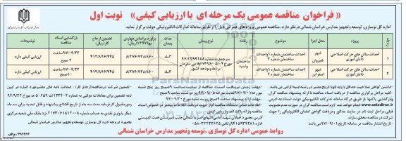 فراخوان مناقصه عمومی یک مرحله ای , فراخوان ​احداث سالن های حرکت اصلاحی دانش آموزی 