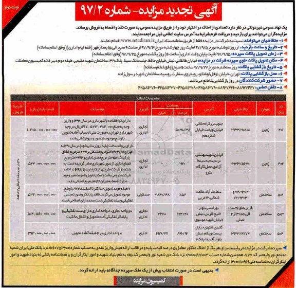 مزایده، مزایده فروش املاک کاربری تجاری و اداری شماره 97/2 نوبت دوم 