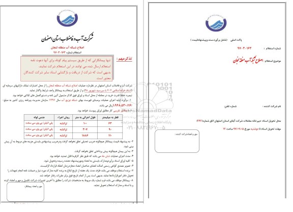 استعلام, استعلام اصلاح شبکه آب 