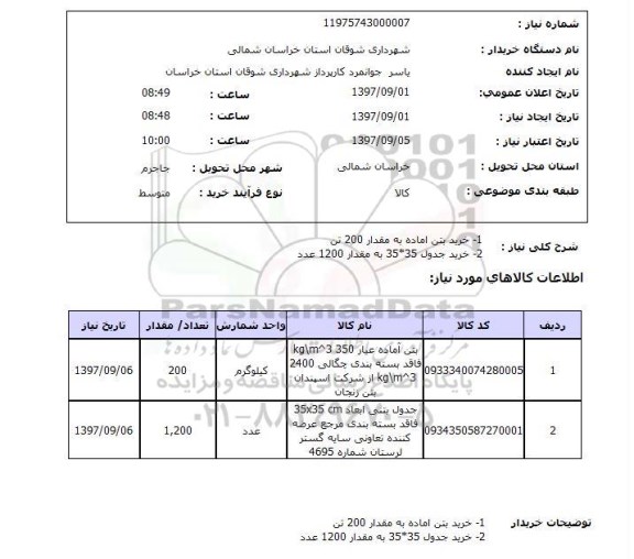 استعلام, استعلام  1- خرید بتن اماده به مقدار 200 تن ...
