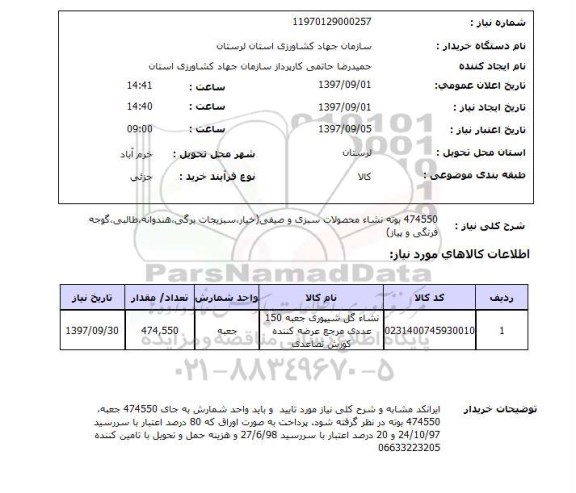 استعلام, استعلام بوته نشا محصولات سبزی و صیفی