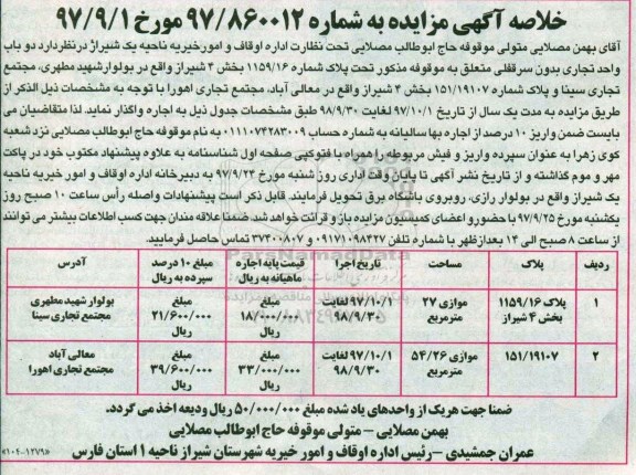 خلاصه مزایده دو باب واحد تجاری