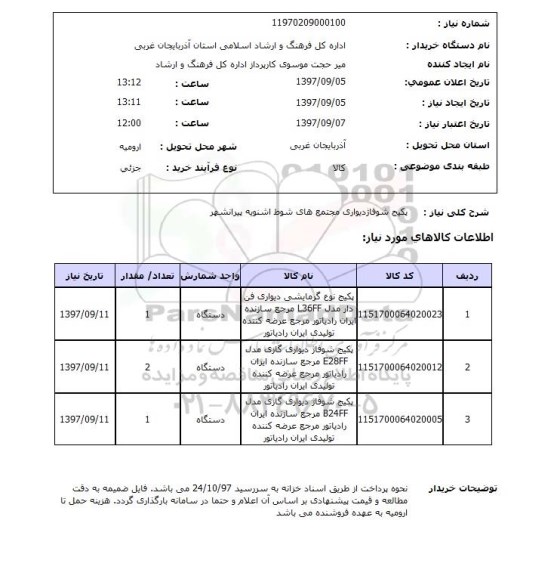 استعلام,  پکیج شوفاژ دیواری